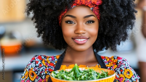 A radiant and attractive Latino woman savors a green salad in the comfort of her kitchen, feeling happy and enjoying the nutritious vegetables as she adheres to a diet aimed at losing weight and photo