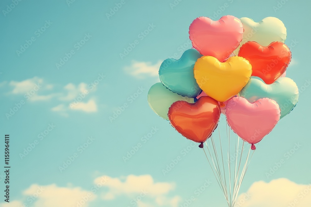 Fototapeta premium Colorful heart-shaped balloons floating in a clear blue sky on a sunny day