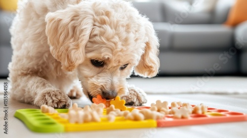 Dog engaged in mental stimulation with interactive food puzzle