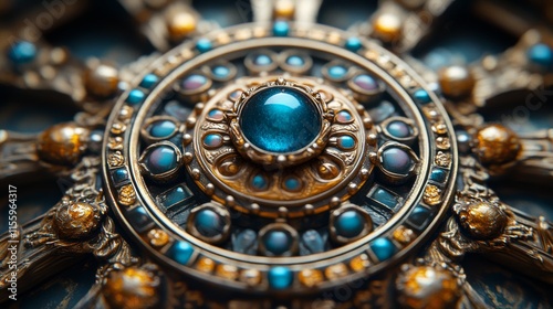 Intricate decorative medallion featuring blue gemstones and detailed metalwork