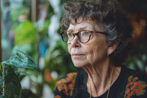 Elderly woman in glasses gazing thoughtfully at plants in a cozy indoor space