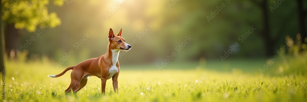 A Basenji basks in the golden hour light standing proudly amidst a lush green meadow ready for adventure A Basenji basks in the golden hour light standing proudly amidst a lush green meadow ready for adventure