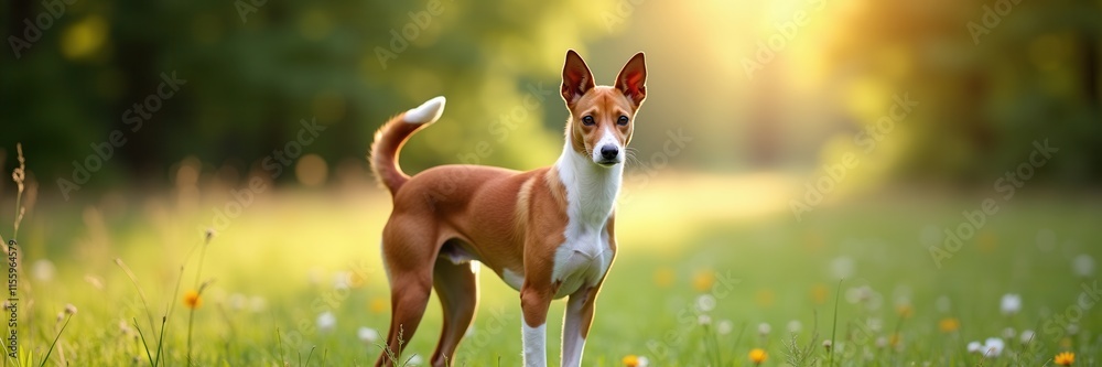 Basenji dog stands poised in a sunlit meadow a beautiful depiction of this elegant breed with its curled tail and pointed ears amidst the vibrant wildflowers and warm golden hour light