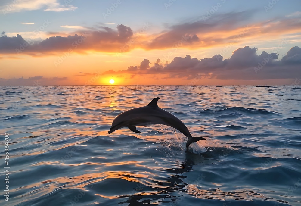 Fototapeta premium Majestic Dolphin Leaps at Sunrise. A stunning sunrise over the ocean showcasing a dolphin leaping gracefully out of the water