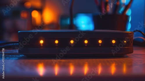 Network Router with Glowing Lights in Low Light photo