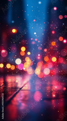 Vibrant city lights reflect on wet pavement during nighttime rain