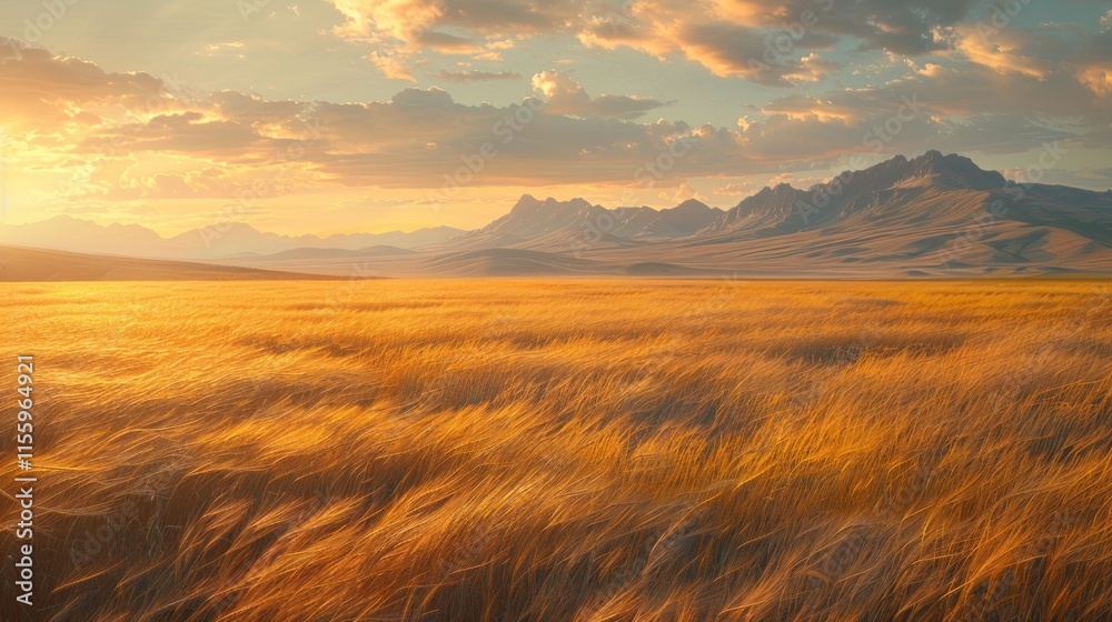 Fototapeta premium Golden Sunset over Serene Wheat Field and Majestic Mountains