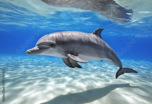 Graceful Dolphin Swimming in Crystal-Clear Waters. A captivating underwater shot of a dolphin gracefully swimming in turquoise photo