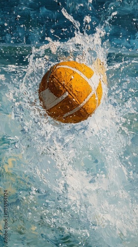 Vibrant orange and white beach ball splashes in crystal clear water on a sunn...