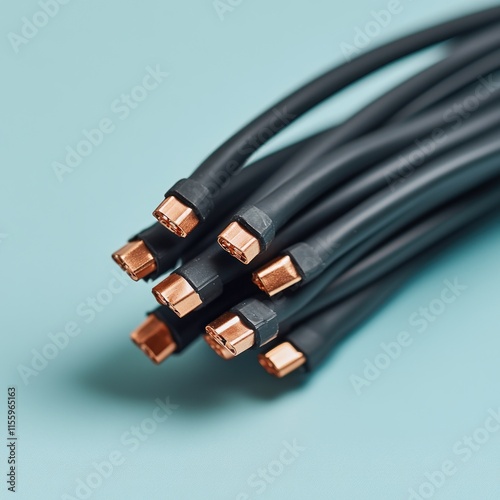 Close-up of dark gray electrical cables with copper connectors on a light blue background. photo