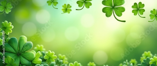 Happy St. Patrick's Day banner design featuring shamrocks and clovers, flat lay arrangement. Elegant and minimalistic, viewed from above. photo