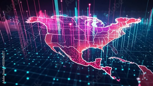 Futuristic digital landscape of North America in vibrant neon colors for slow motion video technology content