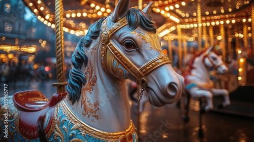 Historic carousel horse adorned with vibrant colors in a lively amusement par...