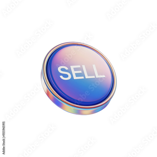 A 3D render of a minimalist style blue sell button with a holographic iridescent effect. The button is floating in a transparent background. The button has a smooth, shiny surface with gradient