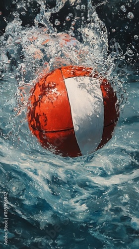 Vibrant orange and white beach ball splashes in crystal clear water on a sunn...