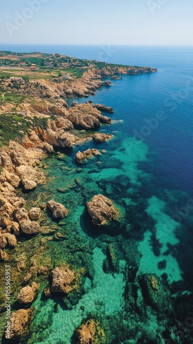 Breathtaking coastal view of turquoise waters and rocky cliffs under a clear ...