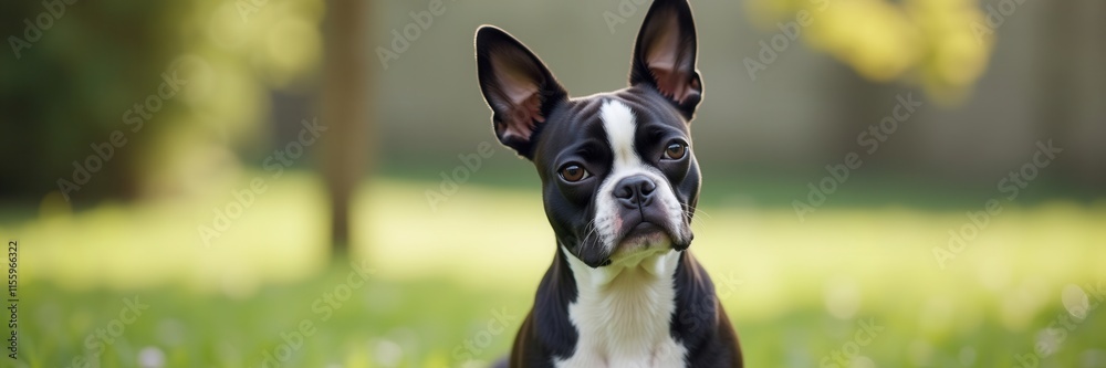 A curious Boston Terrier stares intently into the camera its black and white coat contrasting against a soft green bokeh background