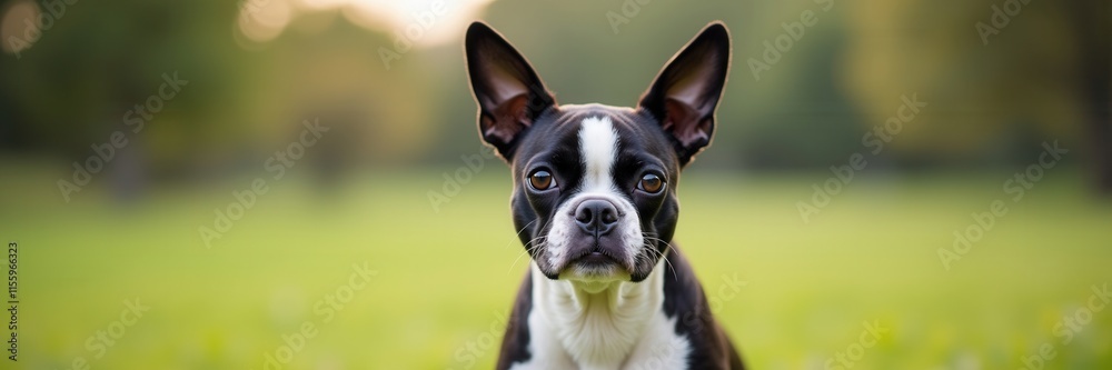 Adorable Boston Terrier with soulful eyes poses in a soft outdoor setting with a blurred background showcasing its elegant black and white coat Adorable Boston Terrier with soulful eyes poses in a soft outdoor setting with a blurred background showcasing its elegant black and white coat
