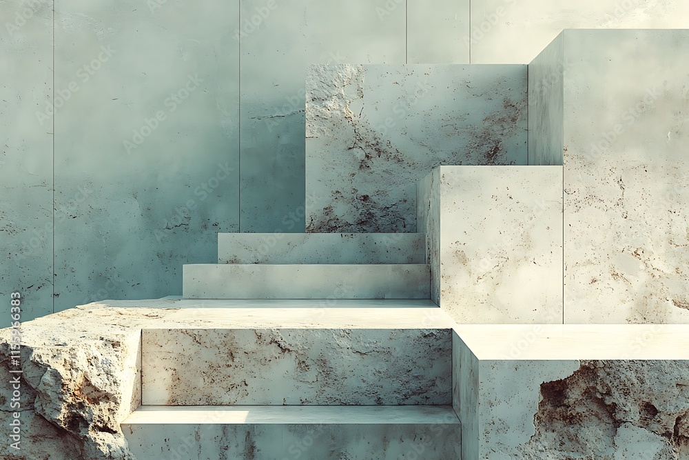 Empty concrete steps and platform against a textured wall