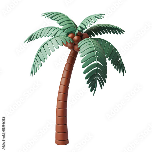 A 3D render of a cartoon style palm tree with a minimalist style. The palm tree is isolated on transparent background. The trunk of the palm tree is brown and the leaves are green.