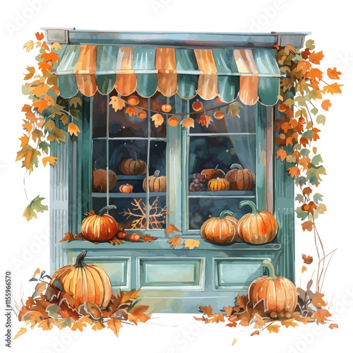 A watercolor drawing of a fall window display with autumn garlands and pumpkins, isolated on a white background. Fall window vector.
