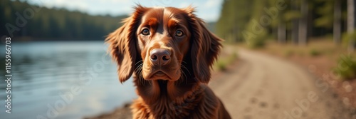 Boykin Spaniel with soulful eyes poses near a serene lake and a path through a lush forest nature setting photo