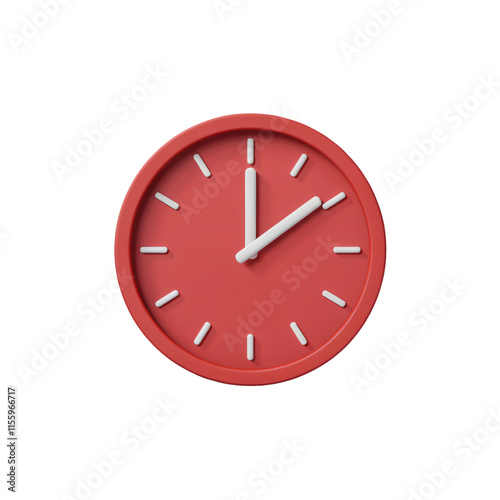 A 3D render of a minimalist red clock icon with a minimalist style. The clock is isolated on a transparent background. The clock hands are in the 2 o'clock position. 