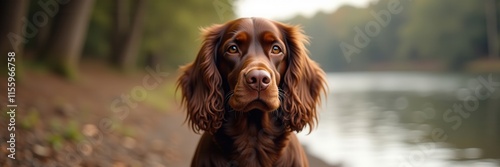 A soulful Boykin Spaniel portrait with focused gaze standing in a natural environment near a tranquil lake photo