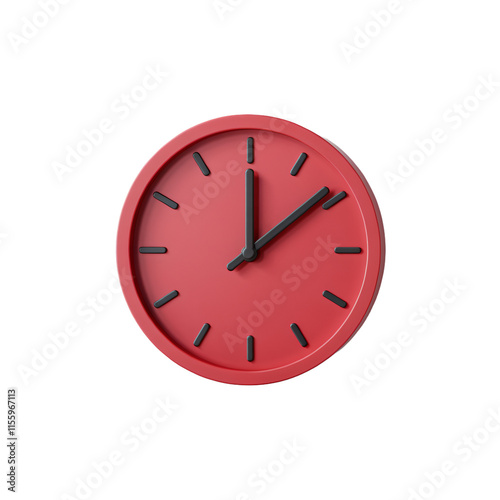 A 3D render of a minimalist red clock icon on a transparent background. The clock has a red face with black hands. The clock has a simple, modern design with clean lines.