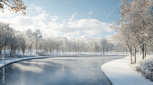 A serene winter landscape with a frozen lake surrounded by snow-covered trees. photo