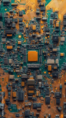 Close-up view of a complex green circuit board with various electronic compon...