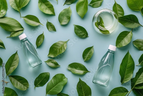 Green skincare bottles surrounded by lush leaves on a soft blue background fo...