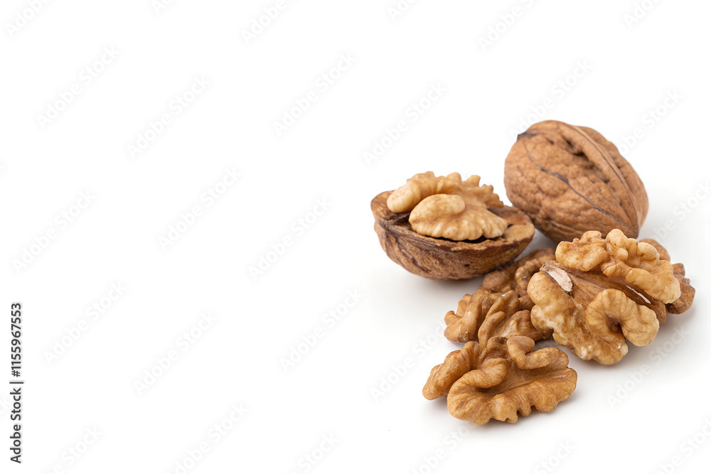 Whole and Shelled Walnuts – Versatile Nutty Ingredients Placed on Right Side of White Background with Copy Space Whole and Shelled Walnuts – Versatile Nutty Ingredients Placed on Right Side of White Background with Copy Space