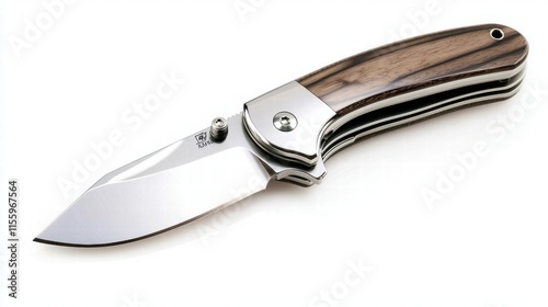 A shiny metallic pocket knife with a wooden handle isolated on a pure white background, --no shadows