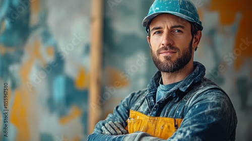 Worker applying blue paint to a wall using a trowel in a renovation project