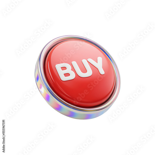 A 3D render of a minimalist style red buy button with a holographic iridescent effect. The button is floating in the air and is isolated on a transparent background. The button has a glossy finish 