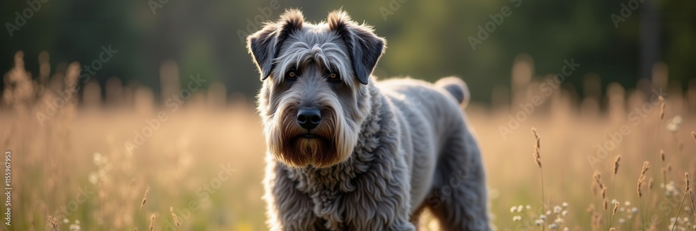 Flandres the dignified schnauzer gazes intently across a sunlit meadow its grey coat gleaming softly in the golden hour light Flandres the dignified schnauzer gazes intently across a sunlit meadow its grey coat gleaming softly in the golden hour light