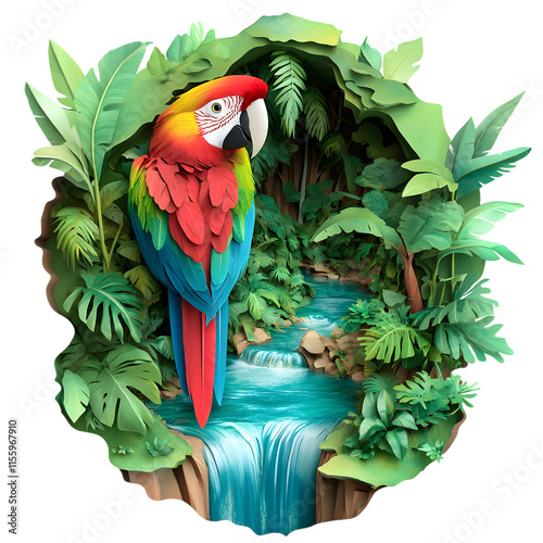 Birds of the Amazon, Red Macaw in the Forest, Art, Image, with Transparent Background PNG, for Stickers, T-Shirt Print, Cap, Mug, Flip Flops, Mousepad, Transparent PNG photo