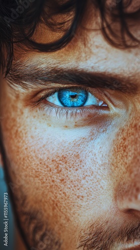 Intense portrait of a man with striking blue eyes and a rugged appearance