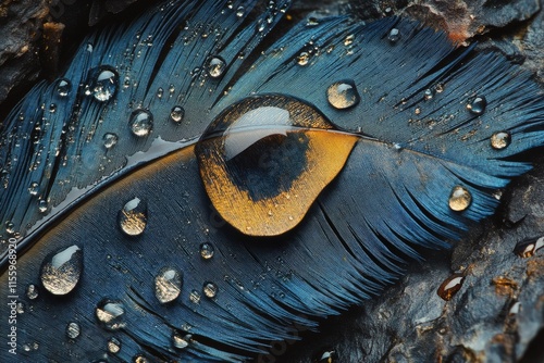 Close-up of a blue feather with water droplets highlighting its intricate det...
