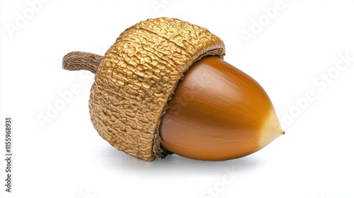 A single golden acorn with a textured cap isolated on a pure white background, --no shadows photo