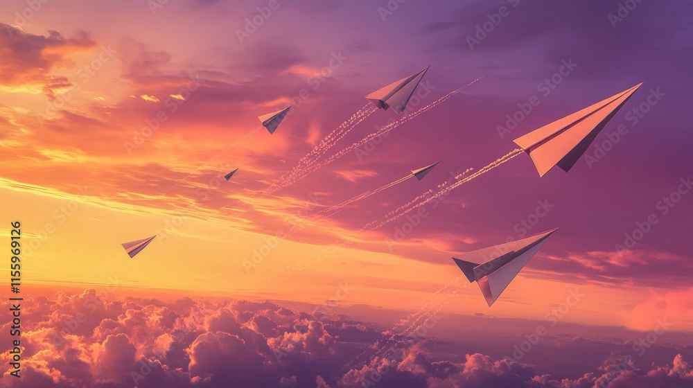 Soaring paper airplanes sunset sky digital artwork dreamy cloudscape aerial perspective freedom of imagination Soaring paper airplanes sunset sky digital artwork dreamy cloudscape aerial perspective freedom of imagination