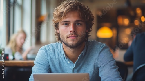Young man working on laptop in cozy cafe with warm lighting and artistic decor
