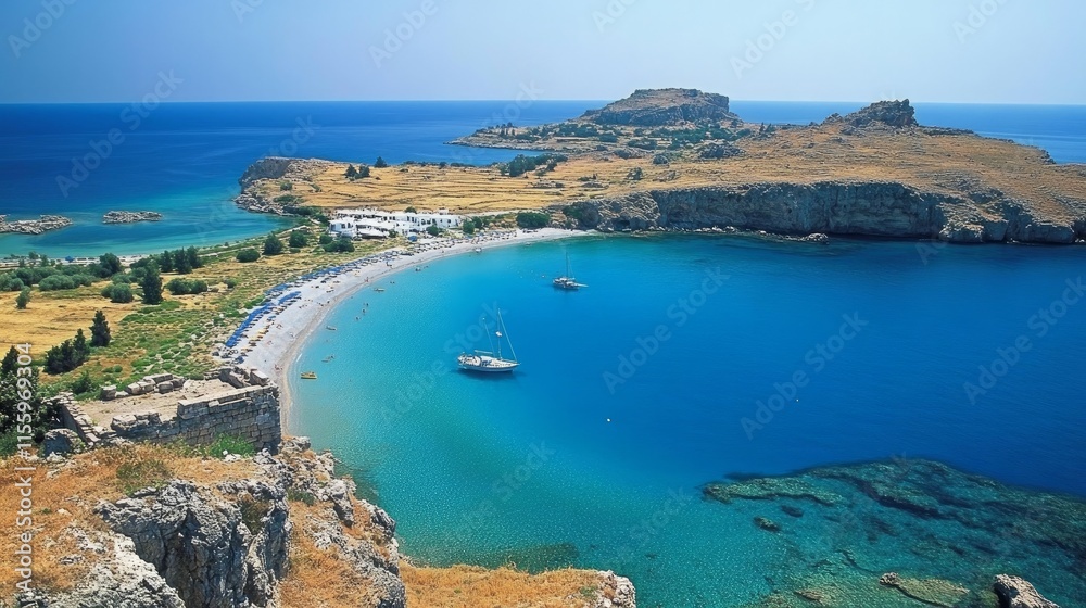 Obraz premium Greece. Rhodes Island. Lindos Acropolis. A view of St. Paul's Bay in the shape of a heart from the summit of the historic Athena Lindia temple, which dates back to the fourth century BC