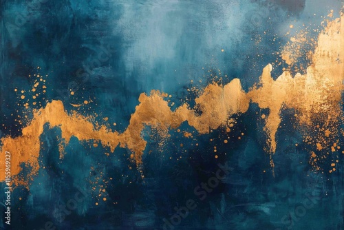 Abstract art featuring bold blue strokes and gold accents on light background