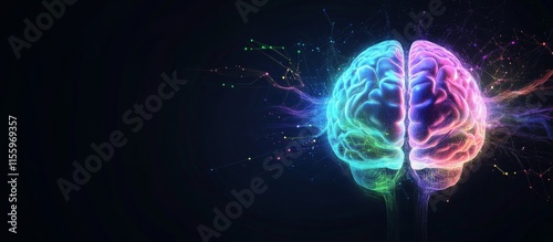 Vibrant neural network depiction with glowing brain on dark background