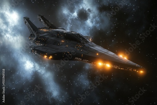 Wallpaper Mural Futuristic spacecraft navigating through a starry galaxy with glowing lights and cosmic clouds Torontodigital.ca