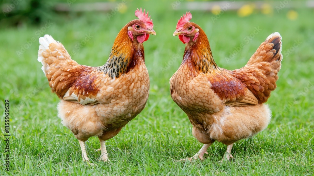 Fototapeta premium Free range chickens in lush green pasture at a vibrant poultry farm