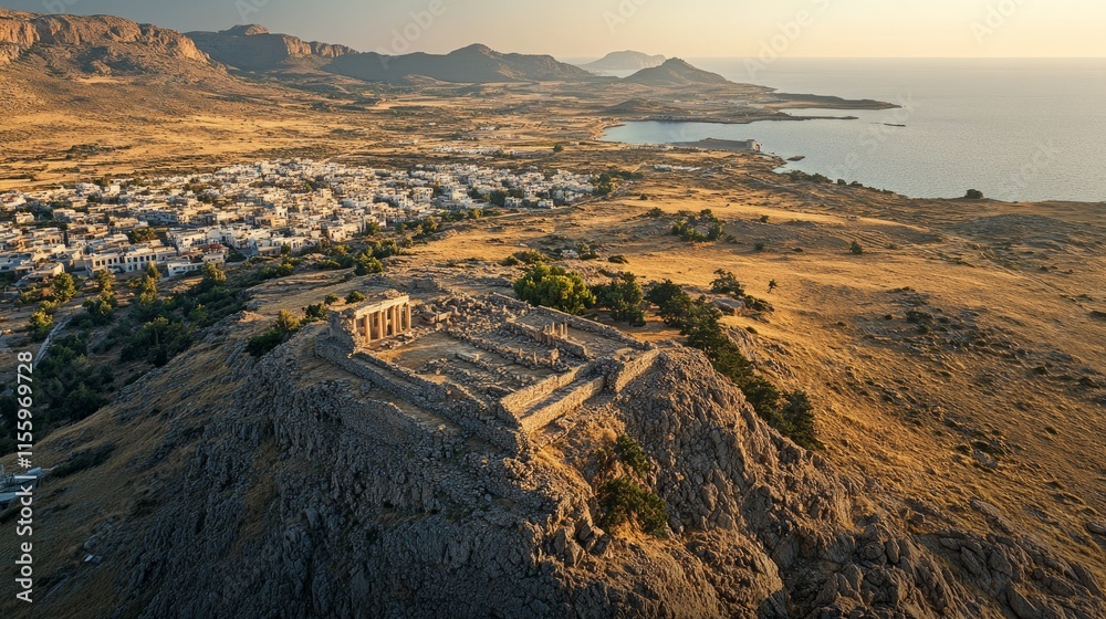 Greece. Rhodes Island. Lindos Acropolis. A view of St. Paul's Bay in the shape of a heart from the summit of the historic Athena Lindia temple, which dates back to the fourth century BC Greece. Rhodes Island. Lindos Acropolis. A view of St. Paul's Bay in the shape of a heart from the summit of the historic Athena Lindia temple, which dates back to the fourth century BC
