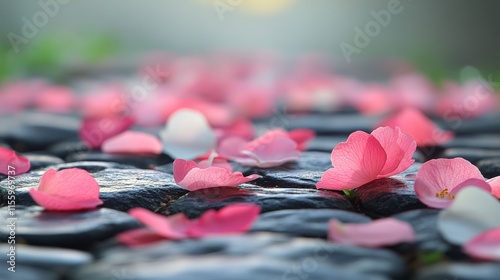 Cherry blossom petals scattered on a cobblestone path in a serene garden duri...